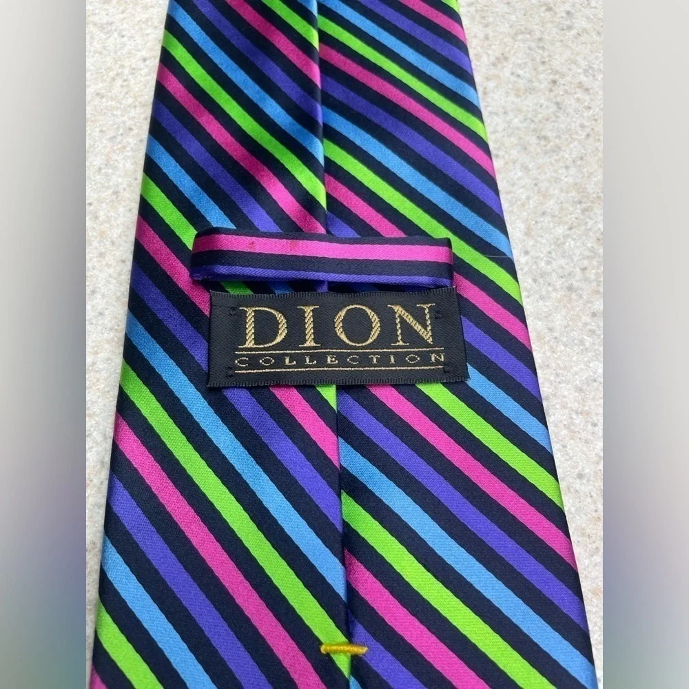 Dion Italian Silk Luxury Tie Purple Green Pink Blue Stripes 58”